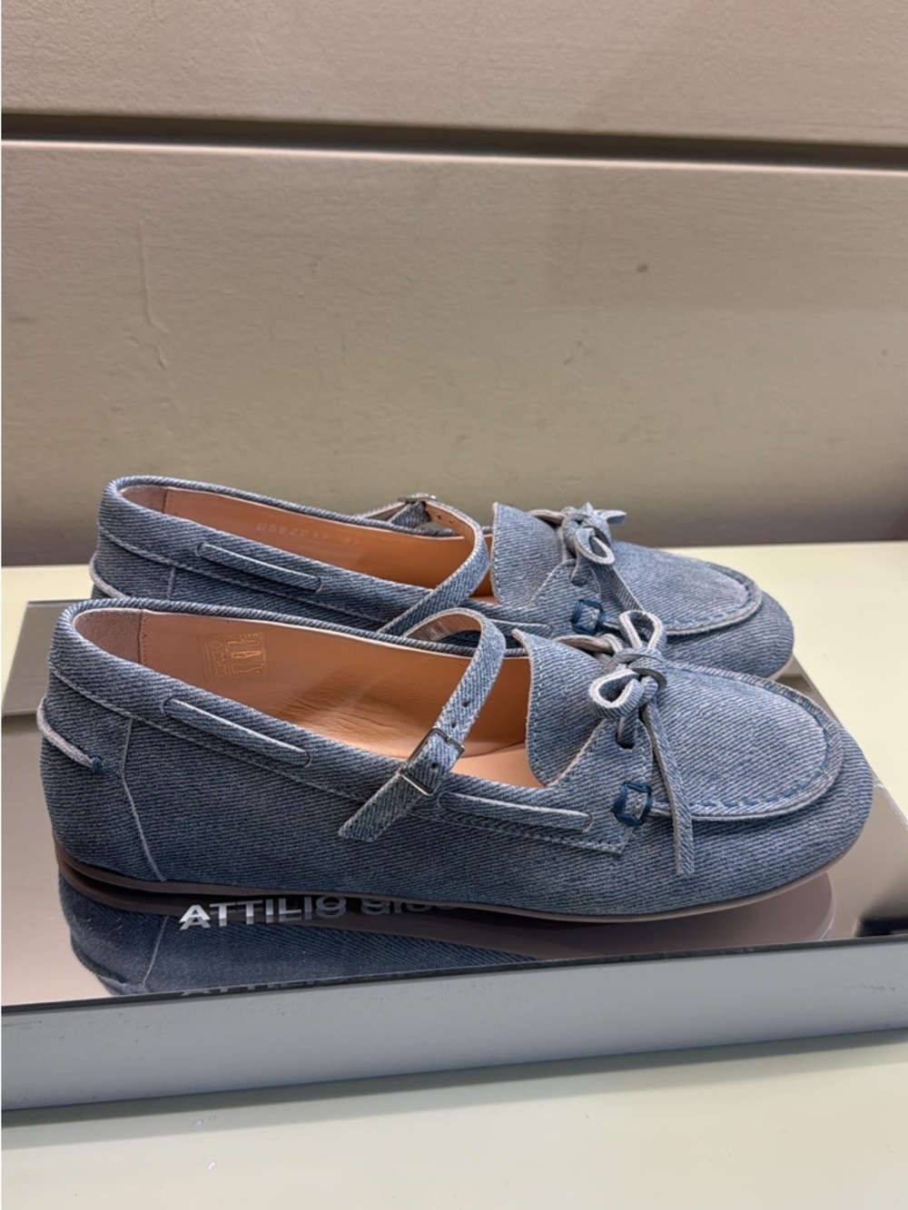 AGL Denim made in Italy casual leather Mary Jane Loafers - Blue NWT bow - Picture 3 of 4